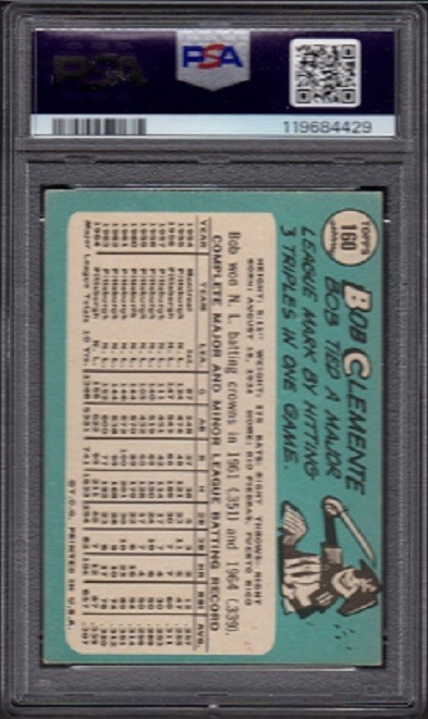 1965 Bob (Roberto) Clemente Topps Baseball Card #160 Graded PSA 3 Very Good (VG) view 2