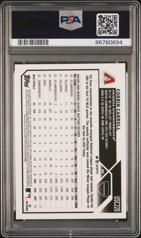 CORBIN CARROLL 2023 Topps Chrome Update Rookie Image Variation SP #USC220 PSA 10 view 2