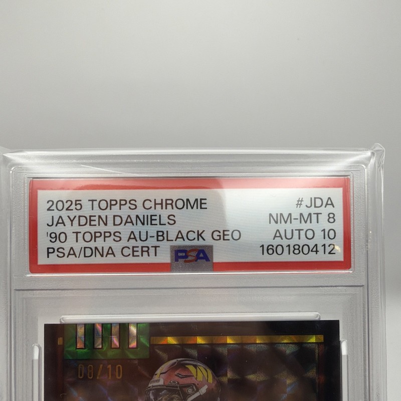 2025 Topps Chrome Jayden Daniels 1990 Black Geo Auto PSA 8/ PSA DNA AUTO 10 view 2
