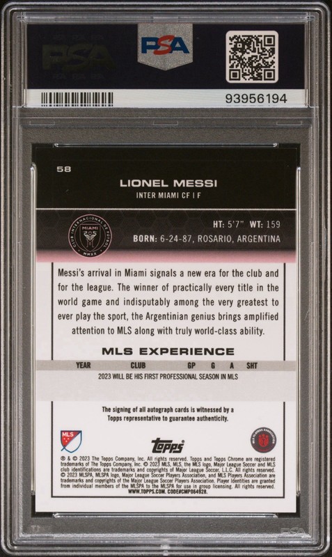 2023 Topps Chrome MLS Lionel Messi Gold ON CARD AUTO /50 PSA 9 Inter Miami #58 view 2