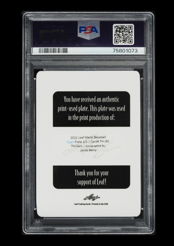2022 ⚾ Jacob Berry Leaf Metal Baseball Cyan Plate 1/1 #TH-JB1-Thrillerz-Auto view 2