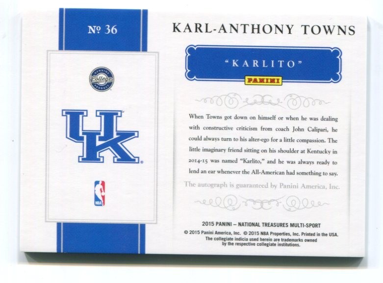 2015 National Treasures Karl-Anthony Towns Notable Nicknames "Karlito" Auto /25 view 2