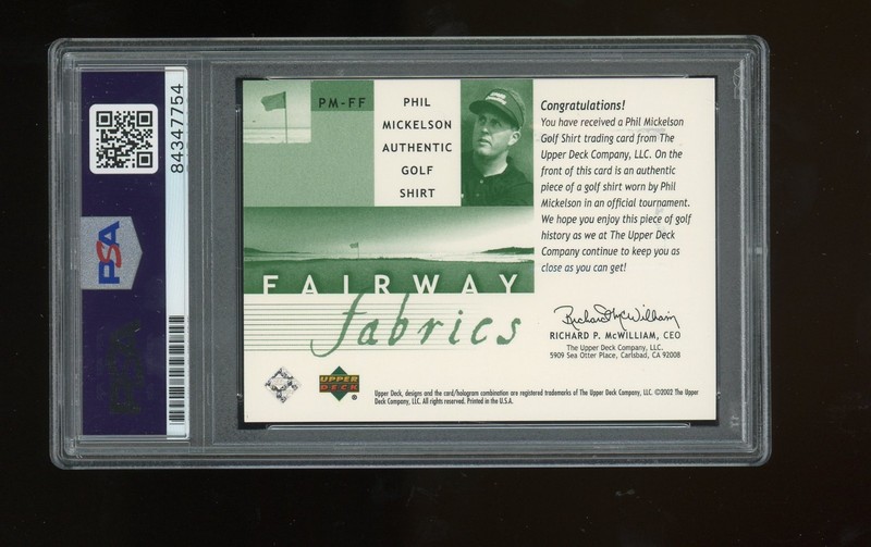 2002 Upper Deck Golf Phil Mickelson Rookie Fairway Fabrics Auto RC PSA/DNA view 2