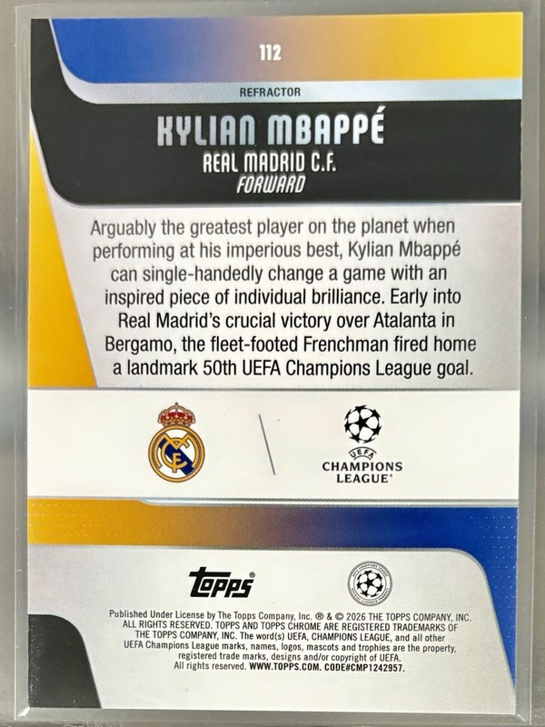 2025-26 Topps Chrome UEFA UCC Kylian Mbappe Refractor Parallel #112 Real Madrid view 2