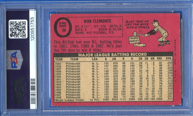 1969 OPC O-Pee-Chee #50 Roberto "Bob" Clemente Pitts. Pirates HOF PSA VG-EX 4 view 2