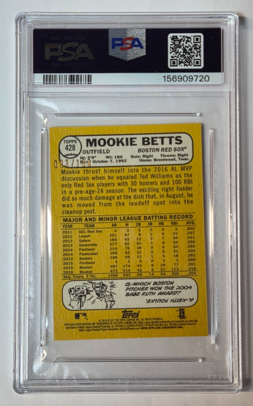 Mookie Betts 2017 Topps Heritage Mini #/100 PSA 9 MINT Red Sox Card #428 view 2
