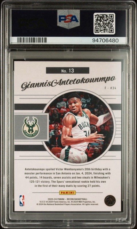 2023-24 Panini Recon Giannis Antetokounmpo #13 Fuzion /SSP PSA 10 POP 8 view 2