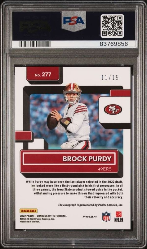 2022 Panini Donruss Optic - Autograph-Ice #277 BROCK PURDY PSA 10 #/15 view 2