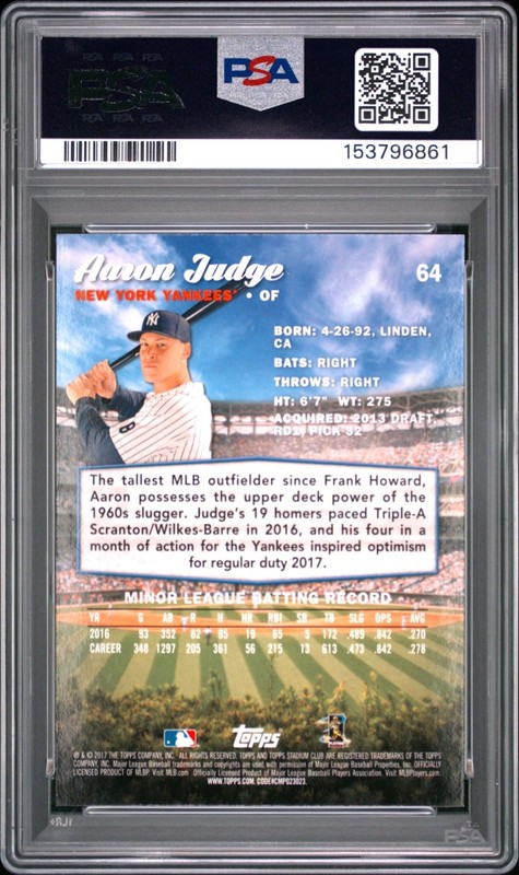 AARON JUDGE 2017 Topps Stadium Club Rookie Card PSA 10 Gem MINT #64 RC view 2