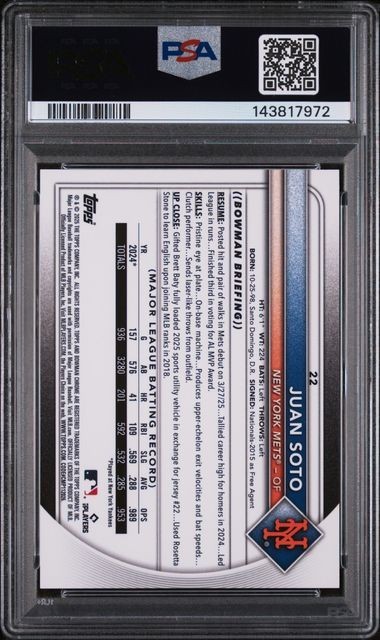 2025 Bowman Chrome Juan Soto /50 Sapphire Gold Refractor #22 Mets PSA 10 view 2