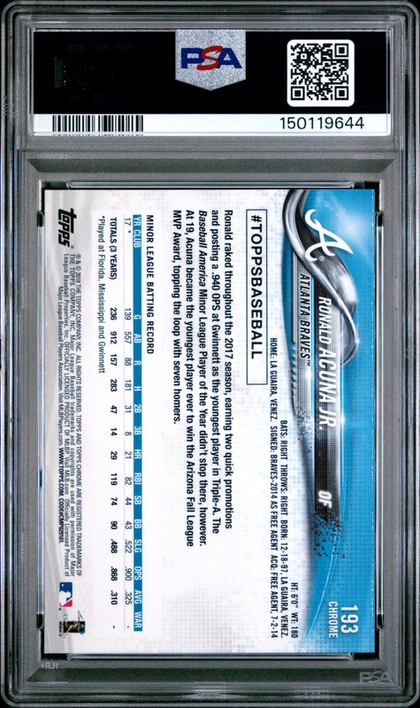 2018 Topps Chrome #193 Ronald Acuna Jr. PSA 10 Rookie RC view 2