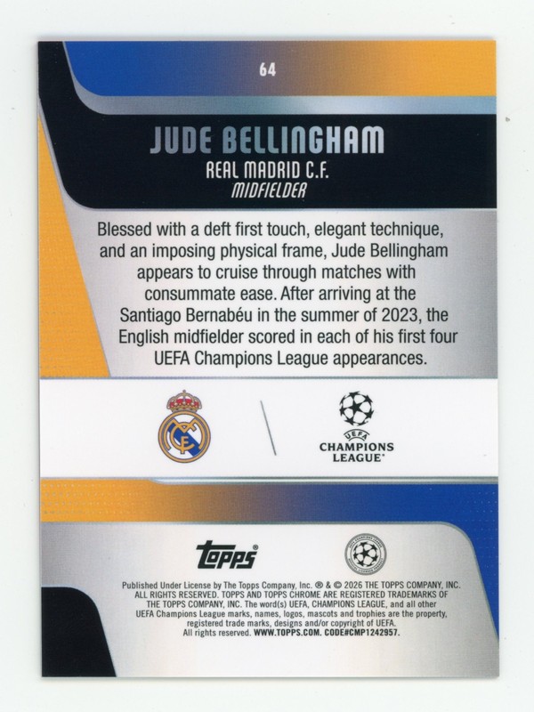 2025-26 Topps Chrome UEFA #64 Jude Bellingham True Pink Refractor /250 FREE SHIP view 2