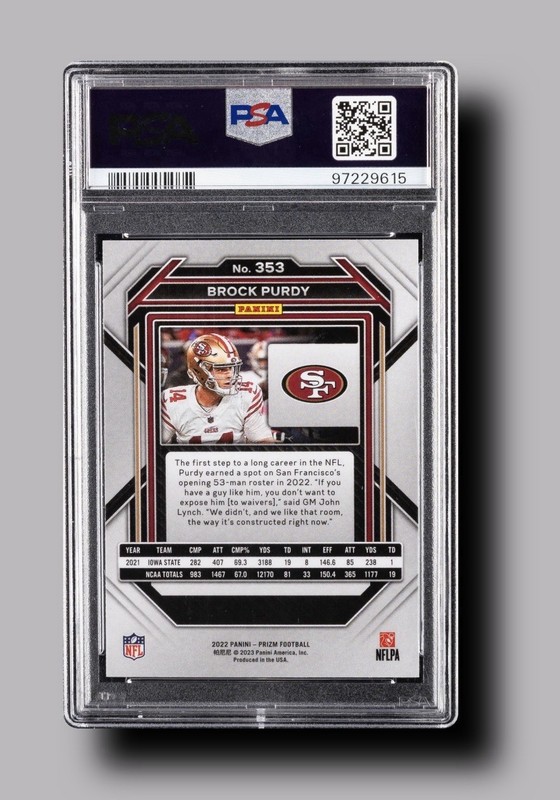 2022 Panini Prizm Brock Purdy Rookie #353 PSA 10 GEM MINT RC 49ers view 2