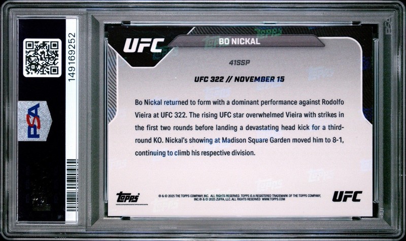 2025 Topps Now UFC #41SSP Bo Nickal UFC 322 IMAGE VARIATION SHORT PRINT PSA 9 view 2