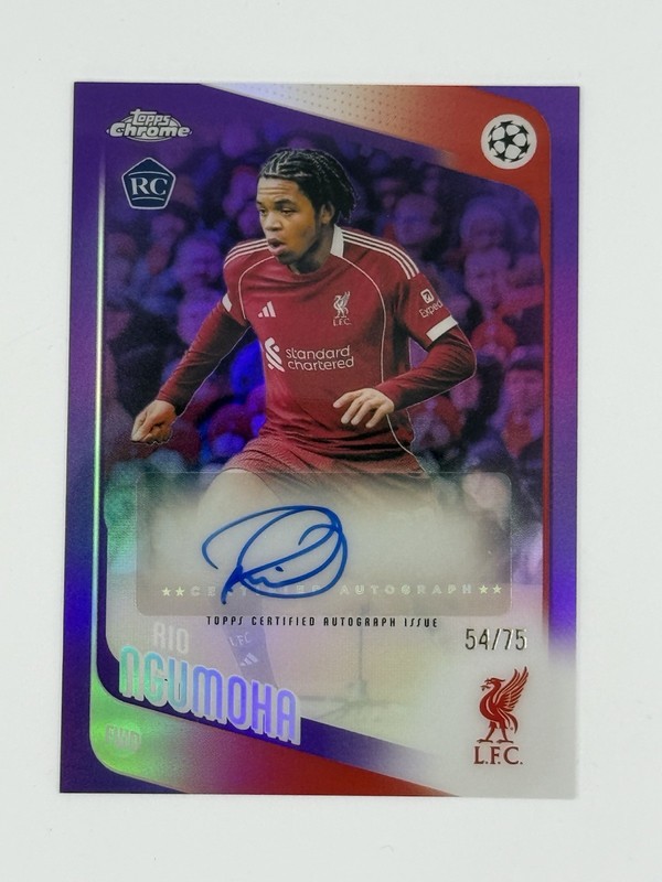 Rio Ngumoha 2025-26 Topps Chrome UEFA Purple Refractor RC Auto #/75 Liverpool