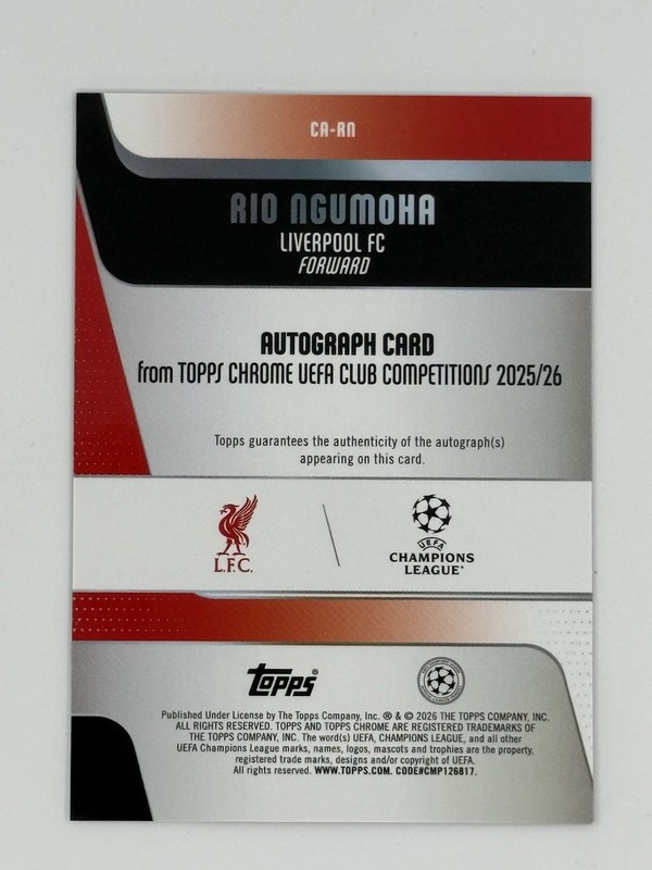 Rio Ngumoha 2025-26 Topps Chrome UEFA Purple Refractor RC Auto #/75 Liverpool view 2