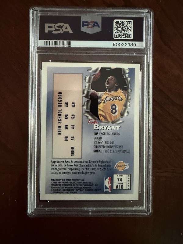 1996-97 Kobe Bryant Finest Rookie # 74 Los Angeles Lakers PSA 8 view 2