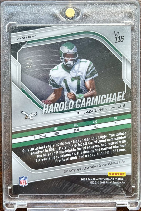 Prizm Black Harold Carmichael Auto Gold Vinyl /5 HOF 2025 Panini #116 Eagles view 2