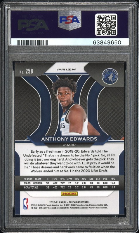 2020 Panini Prizm #258 Anthony Edwards Pink Ice PSA 10 view 2