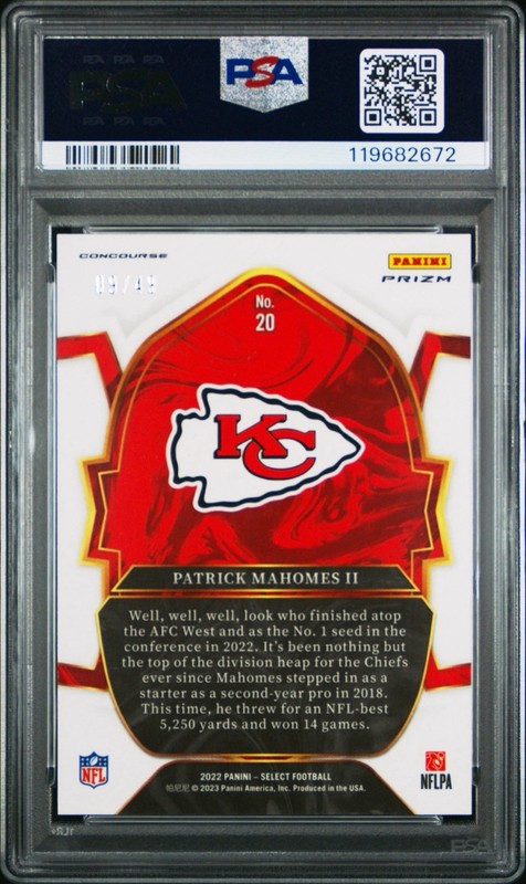 2022 Select Football Patrick Mahomes II Red Disco Prizm #20 /49 PSA 10 view 2