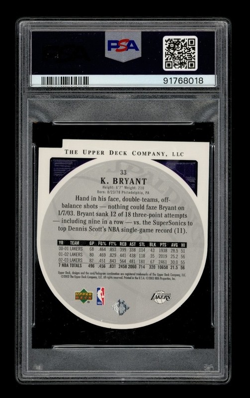 2003-04 Upper Deck Standing O!: # 33 Kobe Bryant Die-Cut, Embossed PSA 10 view 2