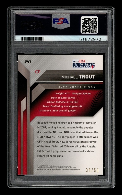 2009 Tristar Prospects Plus: # 20 Mike Trout Auto /50 PSA AUTHENTIC AUTO 10 view 2