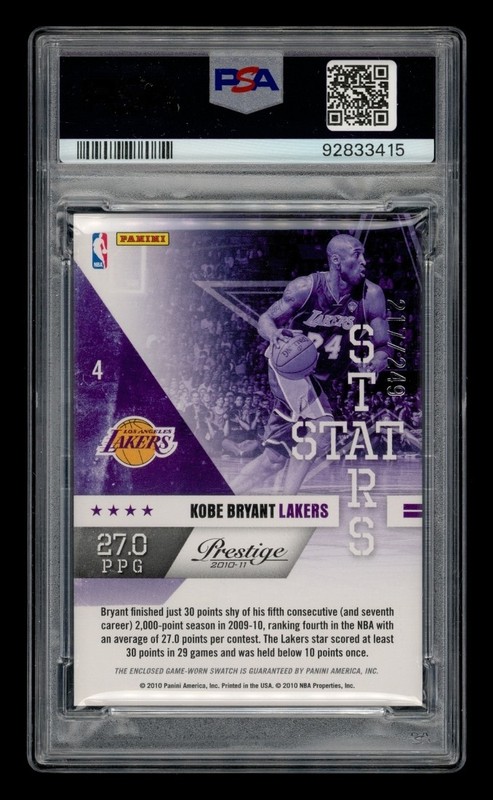 2010-11 Panini Prestige Stat Stars-Materials: #  4 Kobe Bryant /249 PSA 9 MINT view 2