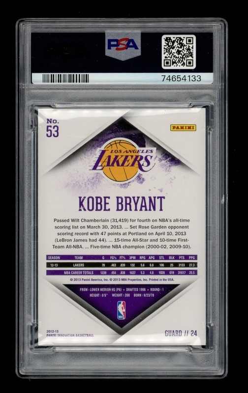 2012-13 Panini Innovation: # 53 Kobe Bryant PSA 10 GEM MINT view 2