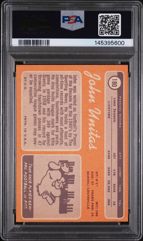 1970 Topps #180 John Unitas PSA 8 NM-MT view 2