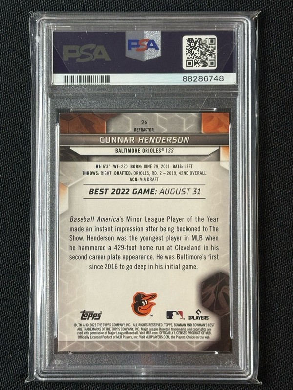 2023 Bowman's Best - Refractor #26 Gunnar Henderson (RC) PSA 9 view 2