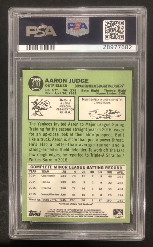 2016 Topps Heritage Aaron Judge Minor League PSA Grade 9.0 MINT view 2