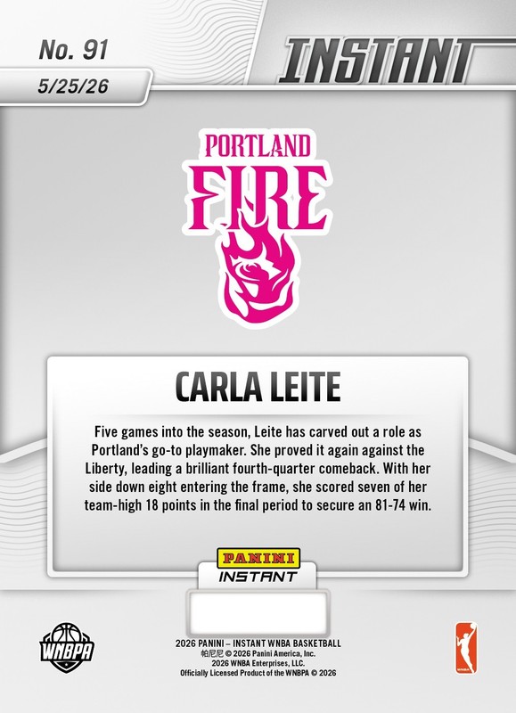 2026 Panini Instant WNBA #91 Carla Leite Portland Fire PRESALE view 2