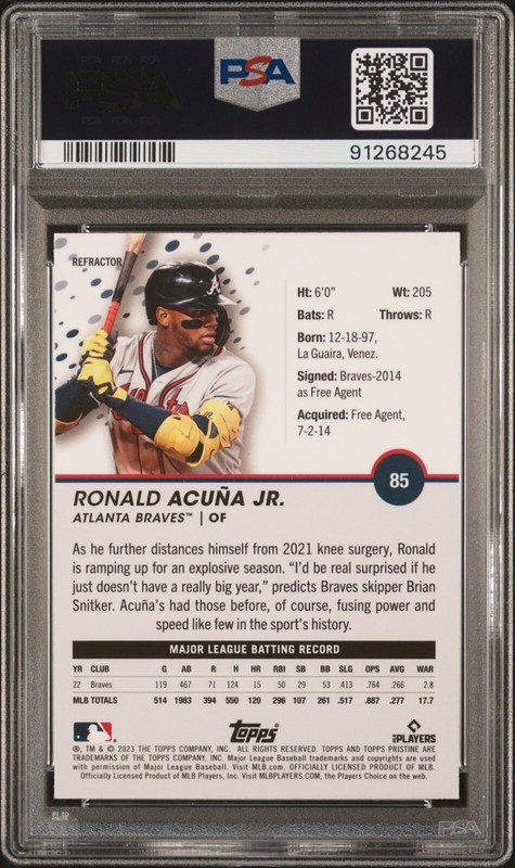 2023 Topps Pristine RONALD ACUNA Jr Refractor PSA 9 MINT Atlanta Braves MVP view 2
