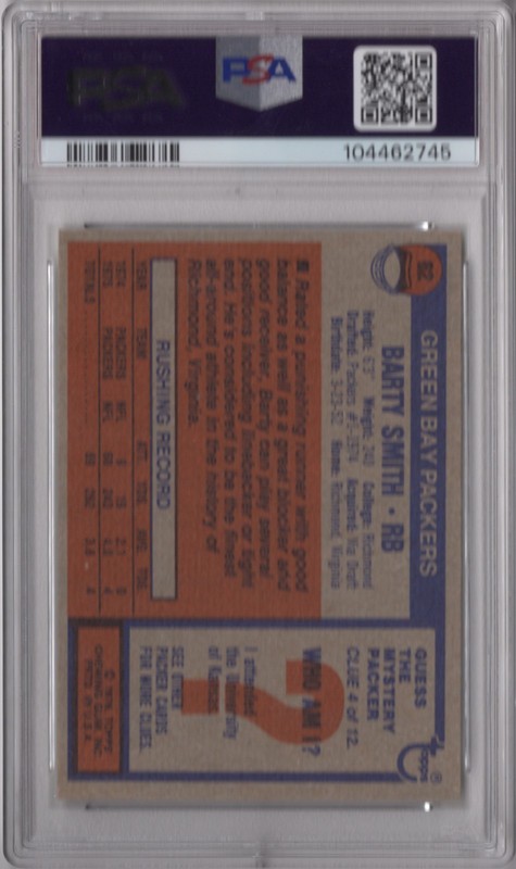 Barty Smith 1976 Topps PSA 10 Gem Mint Graded Card Green Bay Packers Rookie #62 view 2