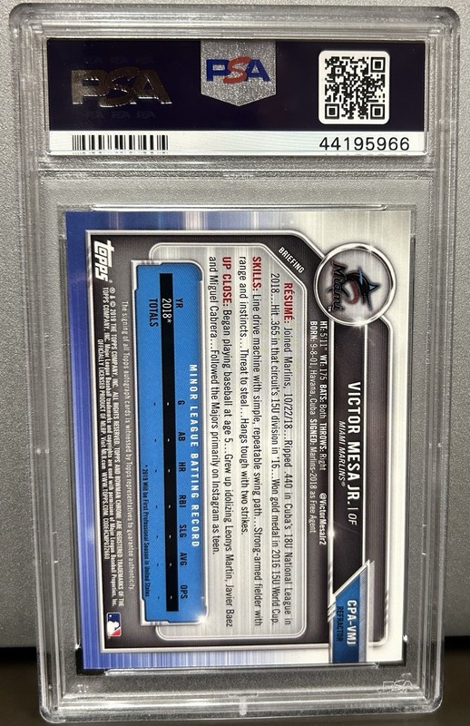 2019 Bowman Victor Mesa Jr. Prospect Auto Chrome Refractor PSA 10 /499 #CPA-VMJ view 2