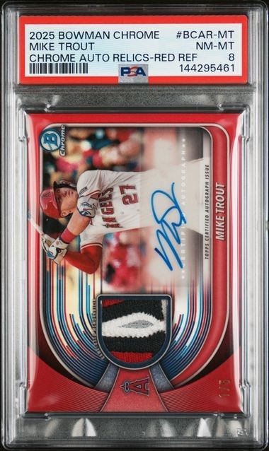 2025 Bowman Chrome Red Refractor Mike Trout GAME USED Patch AUTO 1/5 PSA 8