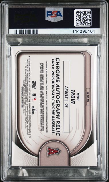 2025 Bowman Chrome Red Refractor Mike Trout GAME USED Patch AUTO 1/5 PSA 8 view 2