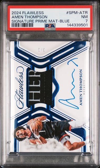2024-25 Panini Flawless AMEN THOMPSON PATCH AUTO 3/3 ROCKETS BLUE LOGO PSA 7