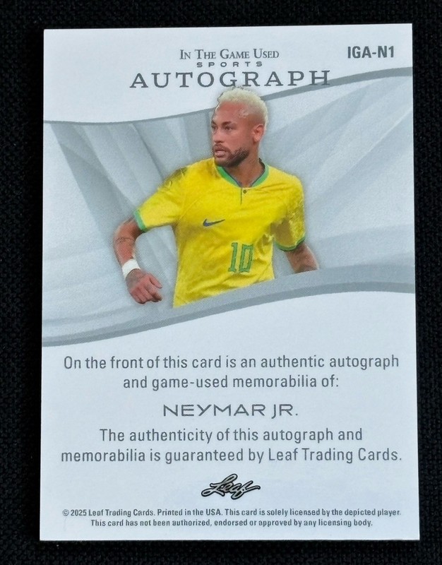 Neymar Jr /25 Auto Game Used Relic - 2025 Leaf In The Game Used IGA-N1 view 2