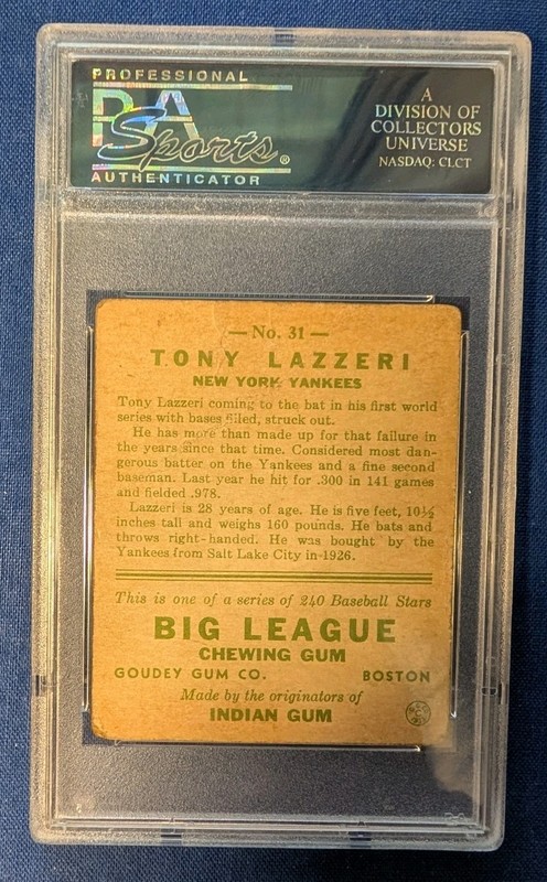 1933 Goudey #31 Tony Lazzeri PSA 1.5 FR HOF Yankees Eye Appeal view 2