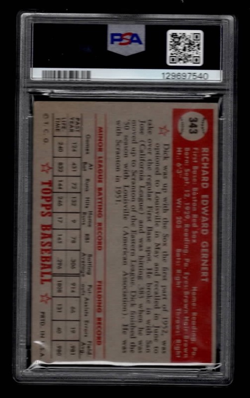 1952 TOPPS BASEBALL #343 DICK GERNERT HIGH NUMBER PSA 3 view 2