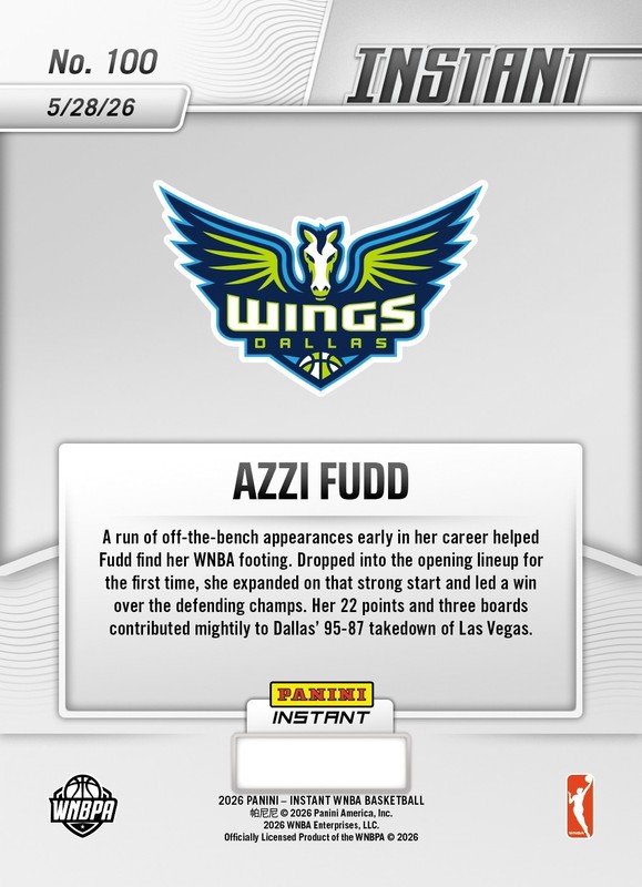 2026 Panini Instant WNBA #100 Azzi Fudd Dallas Wings RC PRESALE view 2