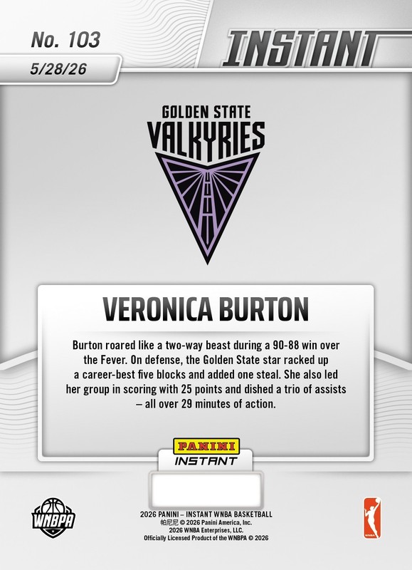 2026 Panini Instant WNBA #103 Veronica Burton Golden State Valkyries PRESALE view 2