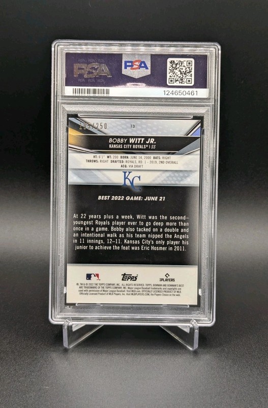 2022 Bowman's Best Purple Refractor /250 Bobby Witt Jr #13 PSA 10 Gem Mint view 2