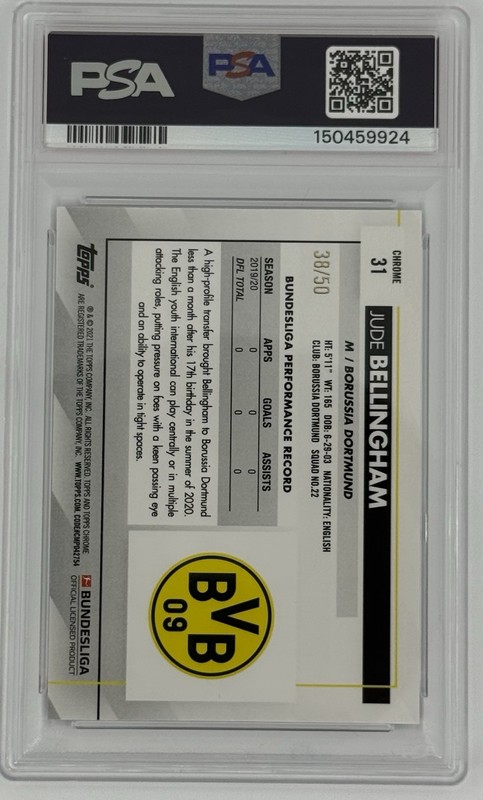 Jude Bellingham 2020-21 Topps Chrome Bundesliga Gold Wave Refractor RC #/50 view 2