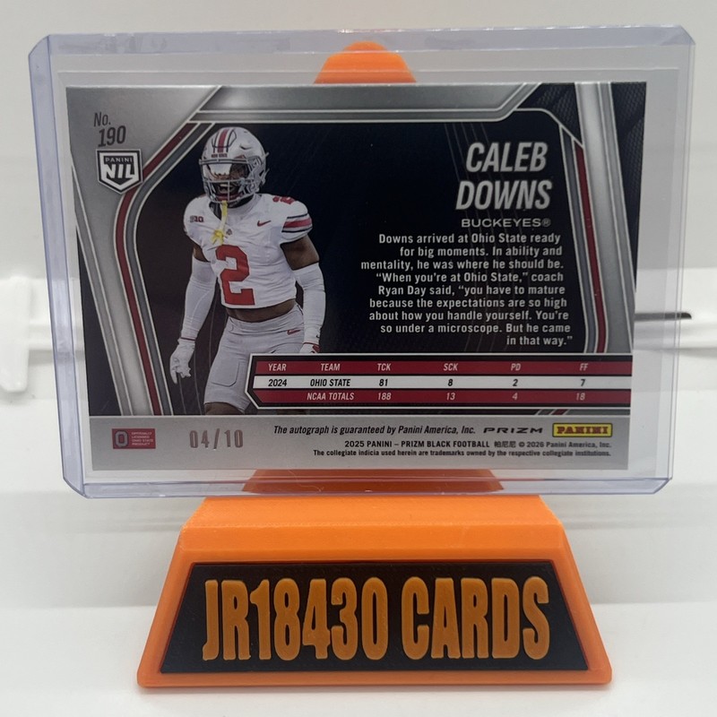 2025 Prizm Black Caleb Downs Gold Shimmer Auto /10 OSU Buckeyes FOTL view 2