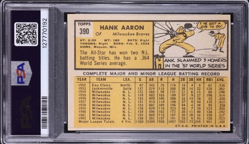 1963 Topps - Hank Aaron #390 (PSA 4) (HOF) (Braves) (Great Centering/Color!!!) view 2