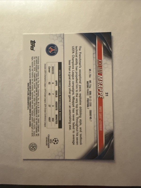 2023-24 Topps Chrome UEFA Club Competitions - Kylian Mbappe #21 Aqua Prism... view 2