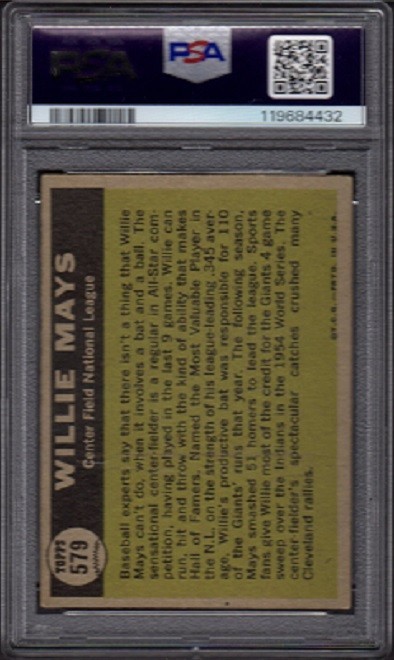 1961 Willie Mays Topps Baseball Card #579 All Star Graded PSA 3 Very Good (VG) view 2