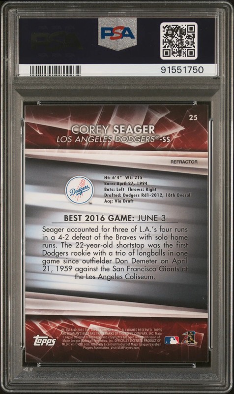 COREY SEAGER 2016 Bowman's Best Refractor Rookie #25 PSA 10 Dodgers view 2